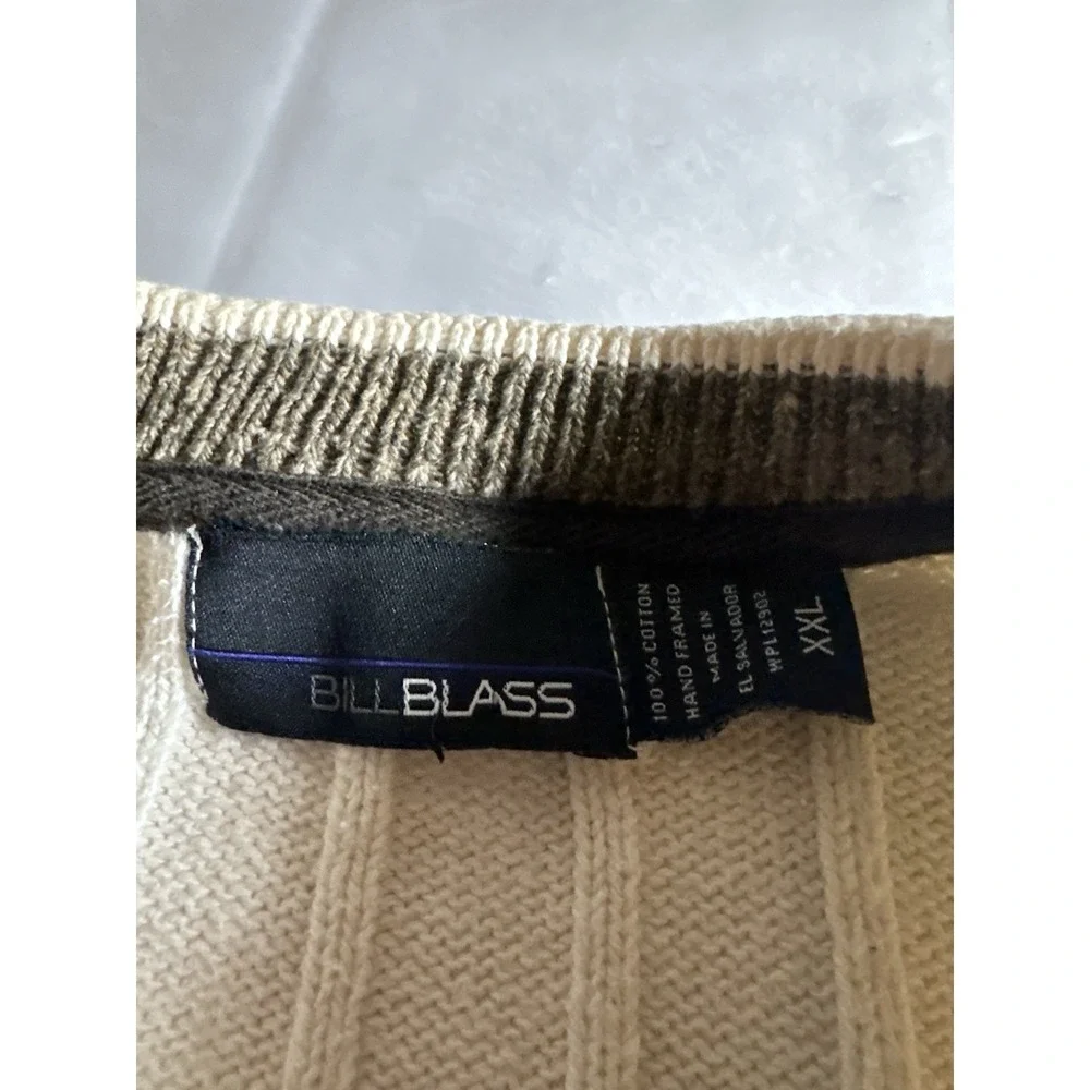 Bill Blass long sleeve cream gray black striped crewneck knit‎ sweater men's XXL